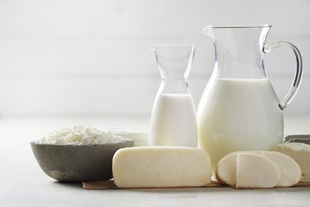 A jug of milk, cottage cheese, and cheese slices, rich in Vitamin B12, essential for a healthy pregnancy and preventing birth defects.