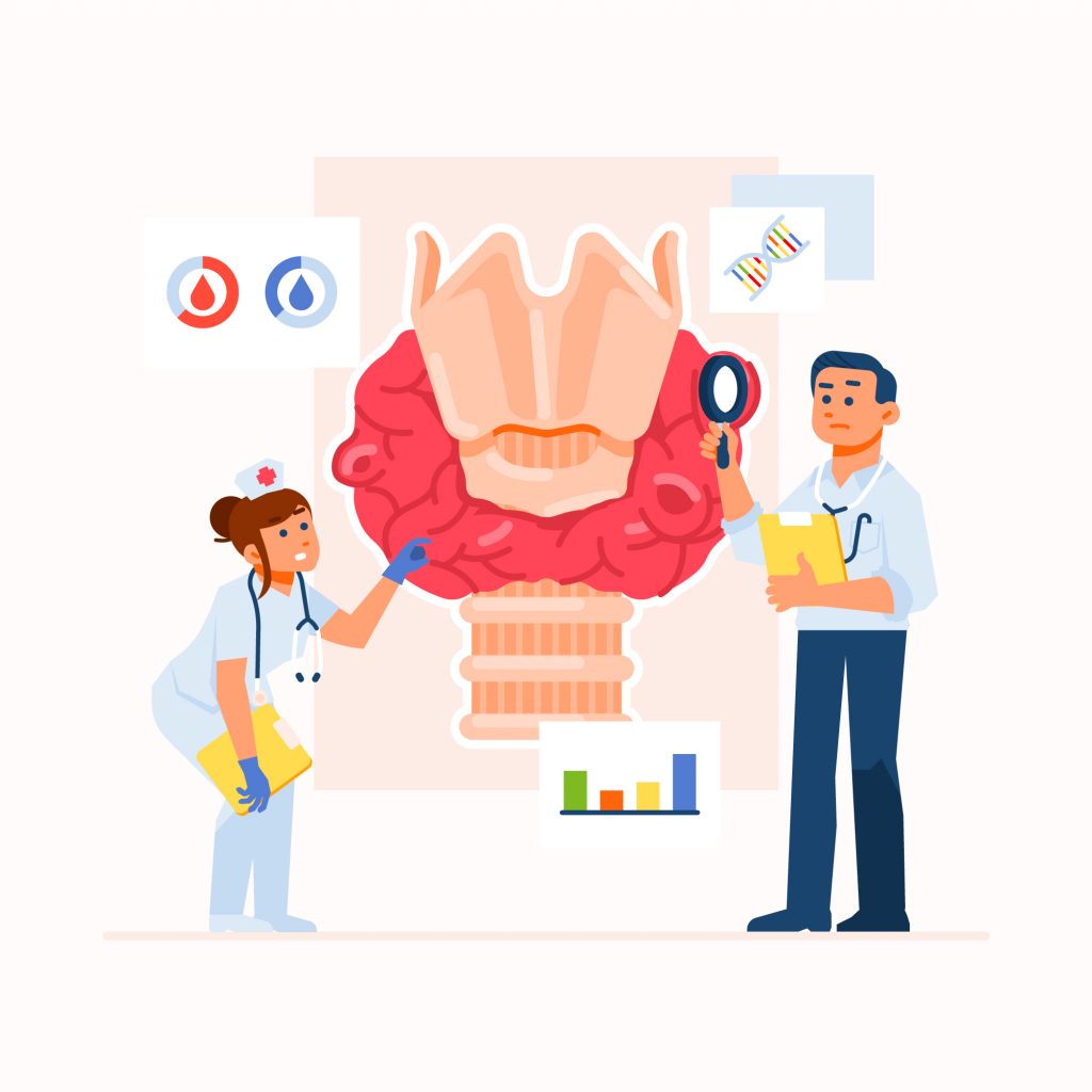 Doctors examining the thyroid gland with medical charts, a DNA symbol, and blood test results in the background.