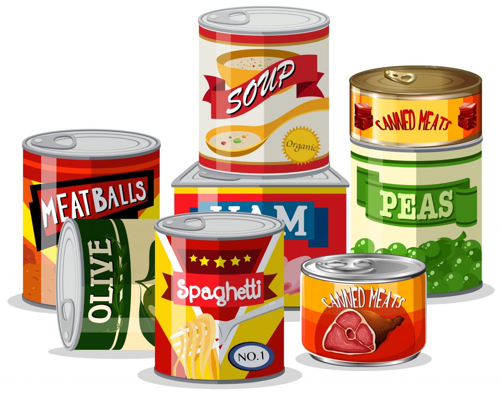 A variety of canned foods with bright labels, emphasizing how processed meals can increase body inflammation.
