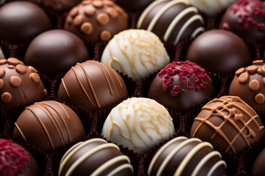 Decorative chocolate truffles with various toppings, arranged neatly, may trigger migraines or headaches in some people.
