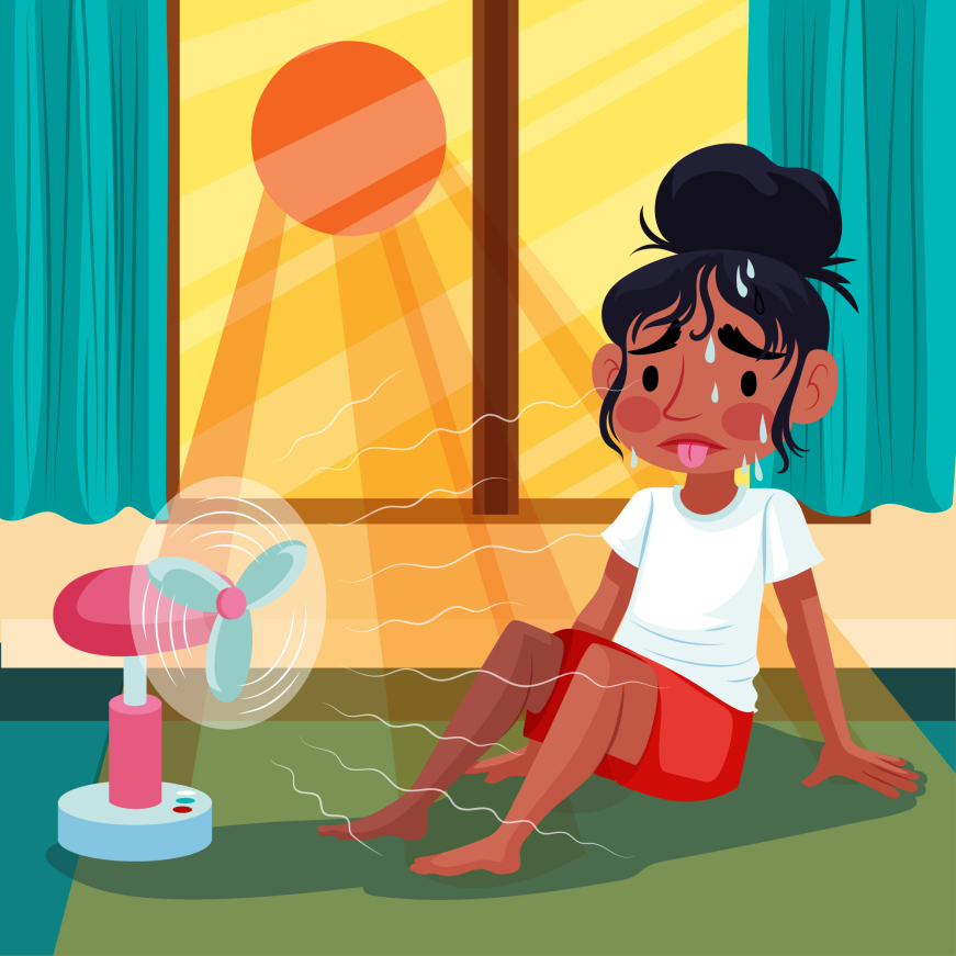 Vector image of a heat-exhausted person sitting in front of a fan.